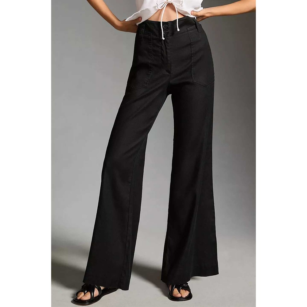 Maeve Naomi Linen Wide-Leg Flare Pants 12 Black High Rise Pockets 4123650590244 - Picture 2 of 16